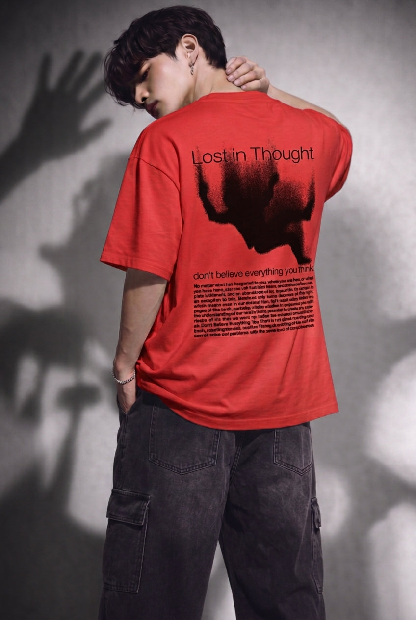 Cool Bee Lost in Thought Tee Red for Men - Red Oversized Graphic Tee Streetwear India