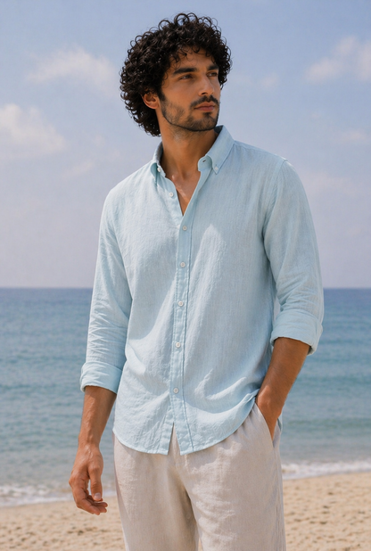Cool Bee Linen Casual Shirt Ice Blue for Men - Linen Casual Shirt Breathable India - Lifestyle View