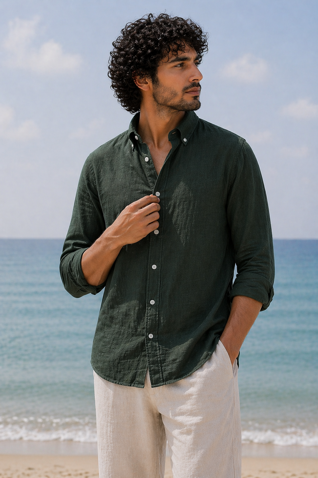 Cool Bee Linen Casual Shirt Bottle Green for Men - Linen Casual Shirt Breathable India - Lifestyle View