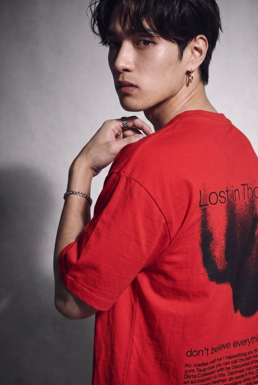 Cool Bee Lost in Thought Tee Red for Men - Red Oversized Graphic Tee Streetwear India - Lifestyle View