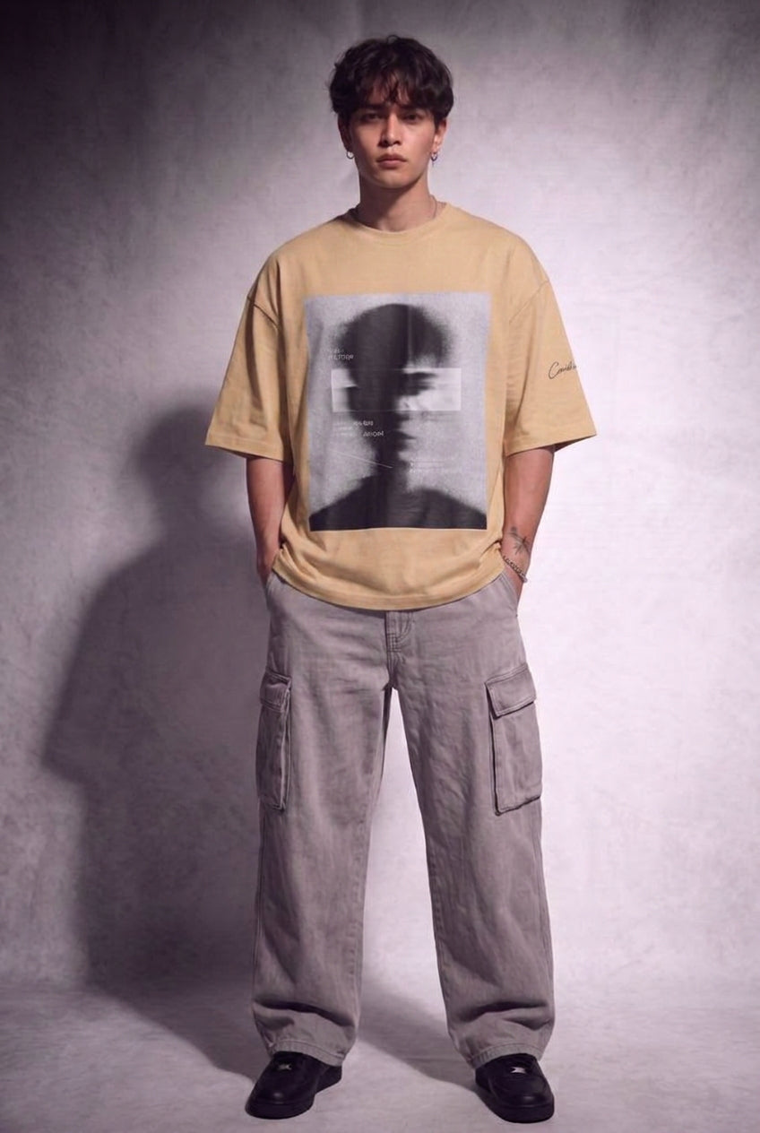 Cool Bee Blurred Vision Tee Beige for Men - Beige Oversized Graphic Tee Streetwear India - Detail View