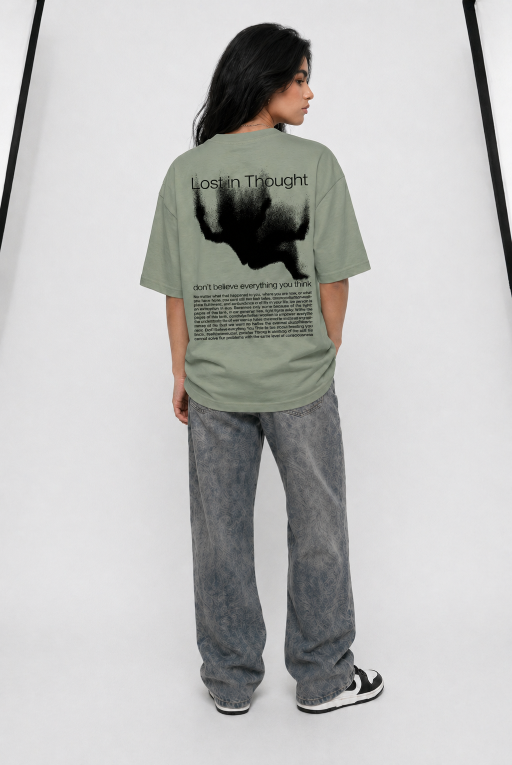 Cool Bee Lost in Thoughts Tee Green for Women - Oversized Graphic Tee Streetwear India - Lifestyle View
