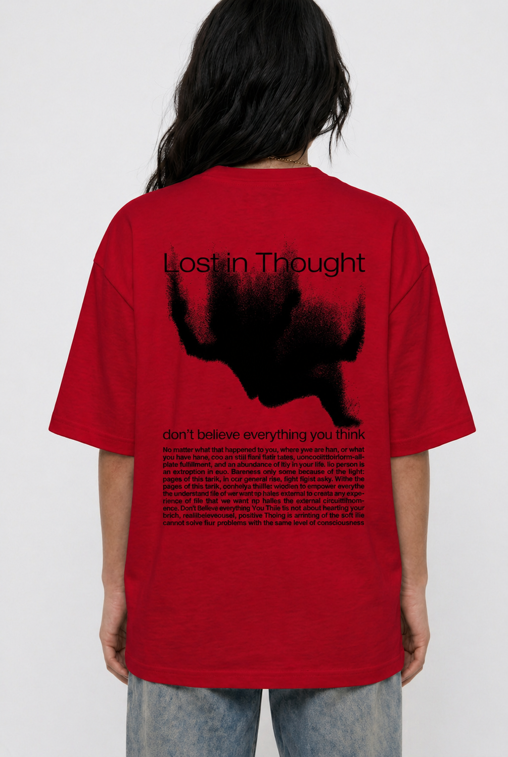 Cool Bee Lost in Thoughts Tee Red for Women - Oversized Graphic Tee Streetwear India - Detail View