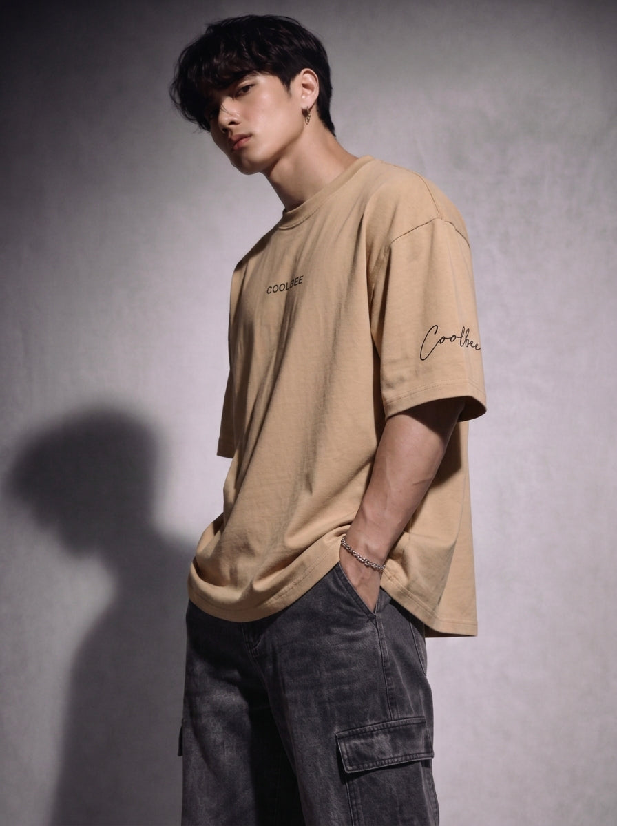 Cool Bee Orbital Drift Tee Beige for Men - Beige Oversized Graphic Tee Streetwear India - Lifestyle View