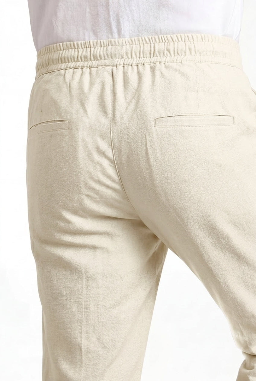 Cool Bee Linen Travel Pants Off White for Men - Off White Linen Travel Pants Lightweight India - Lifestyle View