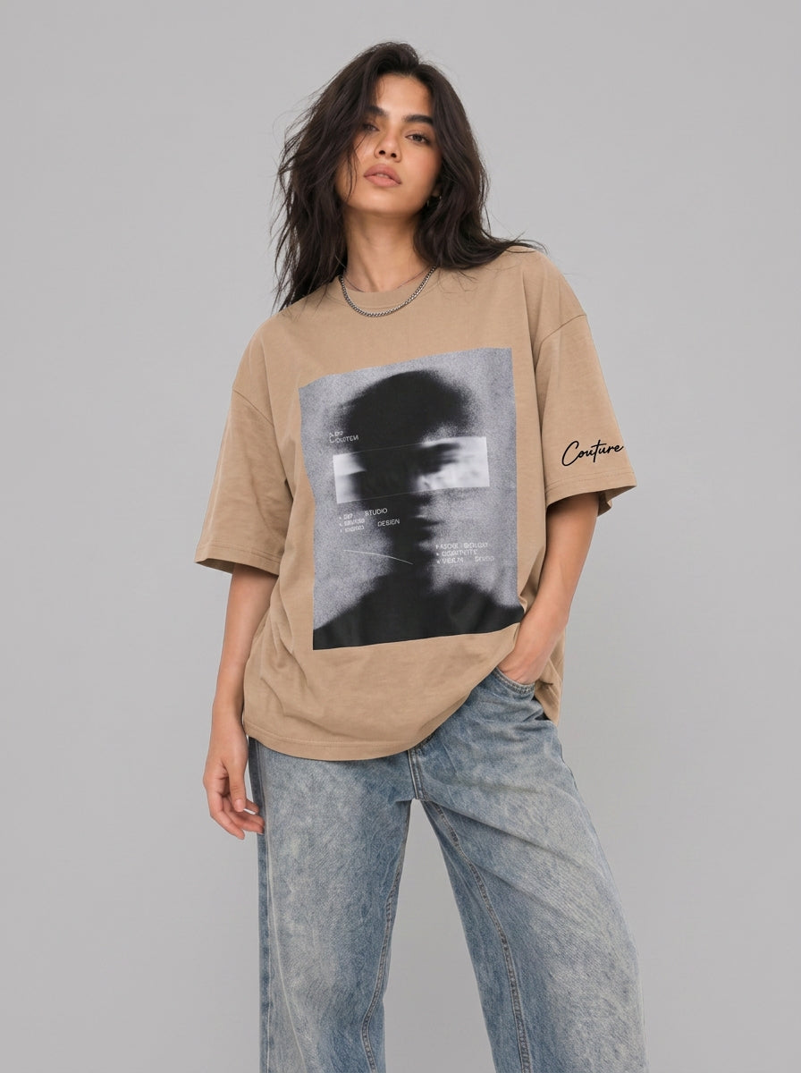Cool Bee Blurred Vision Tee Beige for Women - Oversized Graphic Tee Streetwear India - Lifestyle View