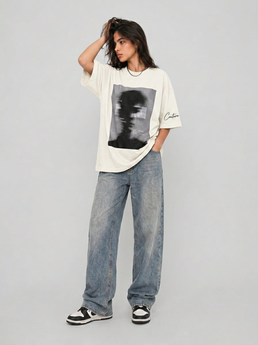 Cool Bee Blurred Vision Tee White for Women - Oversized Graphic Tee Streetwear India - Lifestyle View