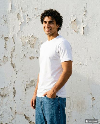 Cool Bee Essential Cotton Crew Neck T-Shirt White for Men - White Regular Fit Tee India - Lifestyle View