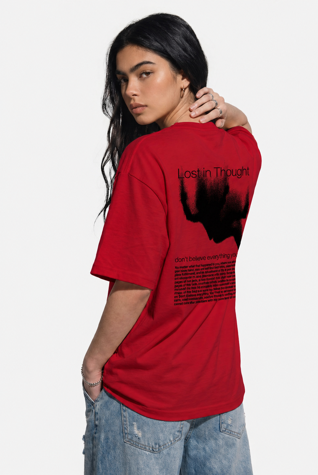 Cool Bee Lost in Thoughts Tee Red for Women - Red Oversized Graphic Tee Streetwear India