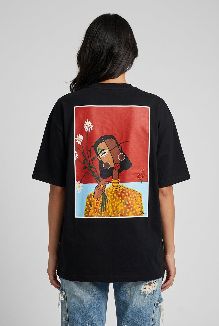 Cool Bee Cubist Bloom Oversize Tee Black for Women - Oversized Graphic Tee Streetwear India - Detail View
