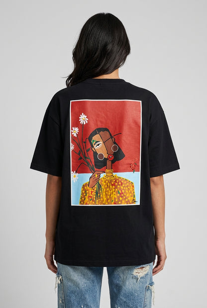 Cool Bee Cubist Bloom Oversize Tee Black for Women - Oversized Graphic Tee Streetwear India - Detail View