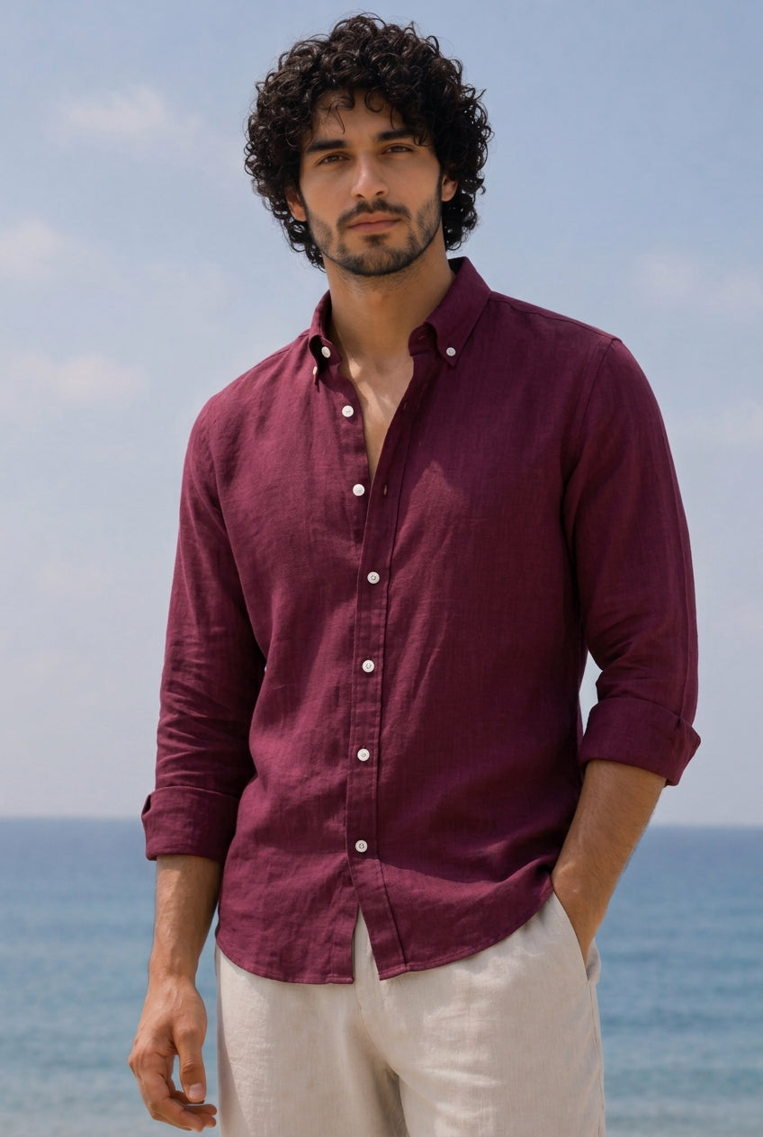 Linen Casual Shirt Maroon