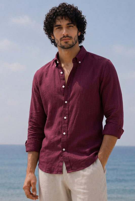 Linen Casual Shirt Maroon