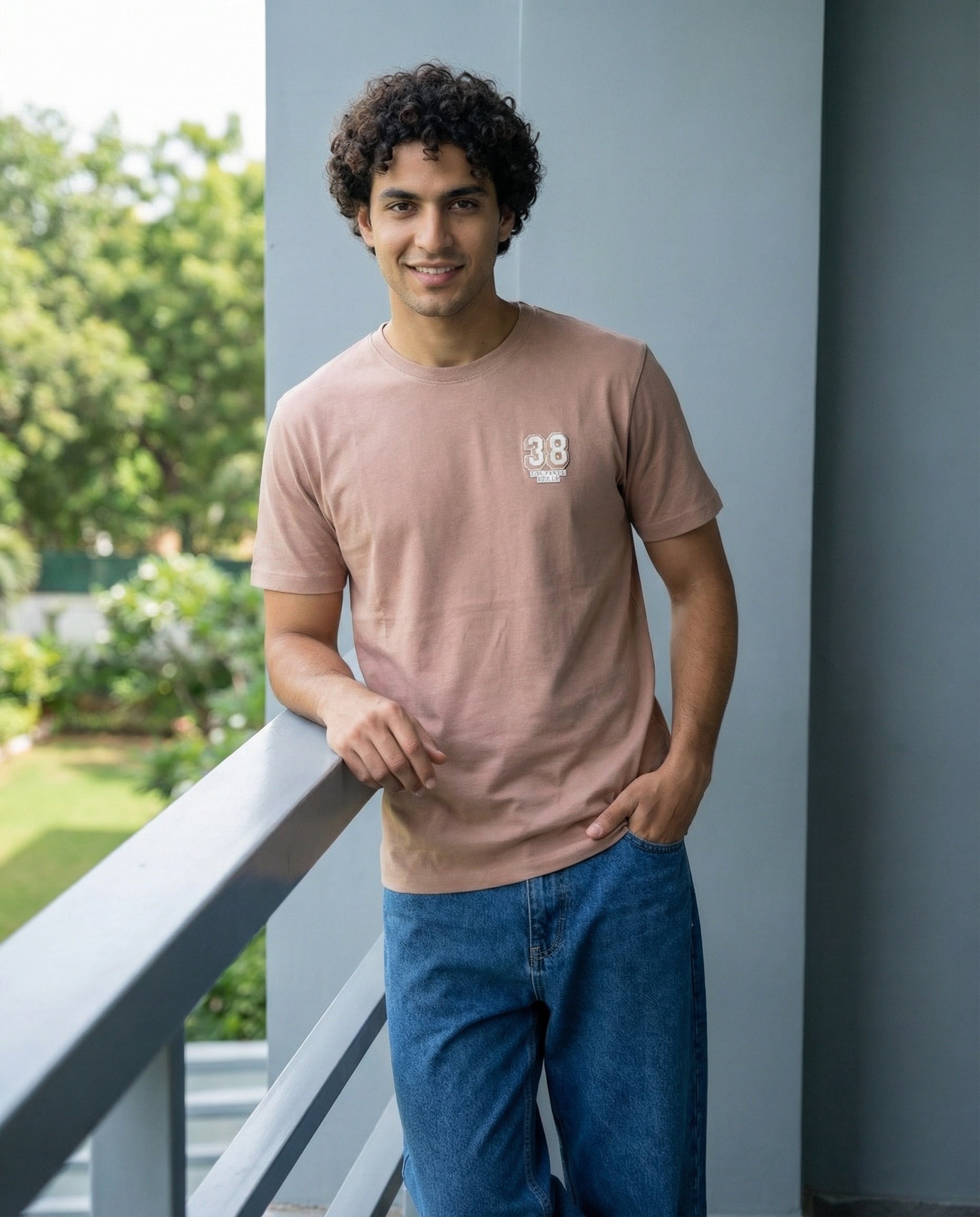 Cool Bee Essential Cotton Crew Neck T-Shirt Beige for Men - Beige Graphic Tee India - Lifestyle View
