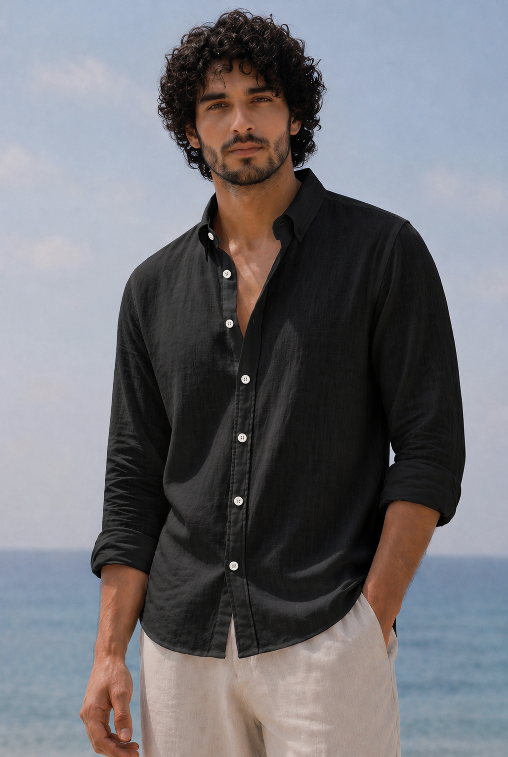Cool Bee Linen Casual Shirt Black for Men - Black Linen Casual Shirt Breathable India