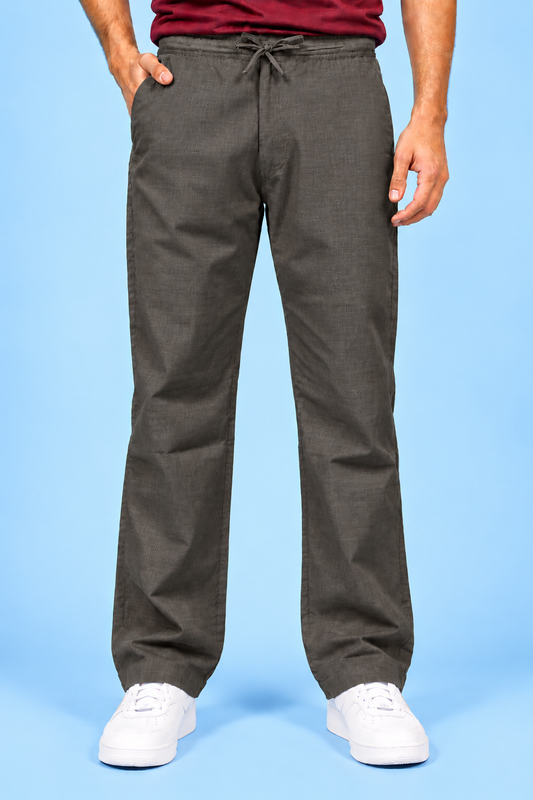 Cool Bee Linen Travel Pants Sea Grey – front view, drawstring linen pants with white sneakers