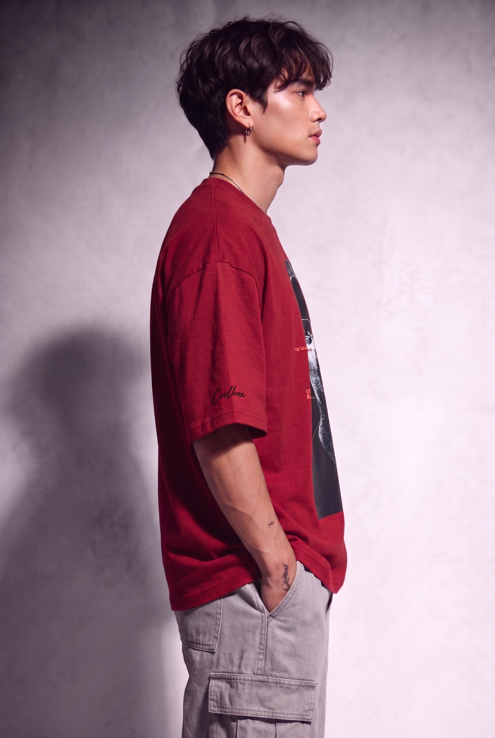 Cool Bee Glitch Portrait Tee Red for Men - Red Oversized Graphic Tee Streetwear India - Lifestyle View