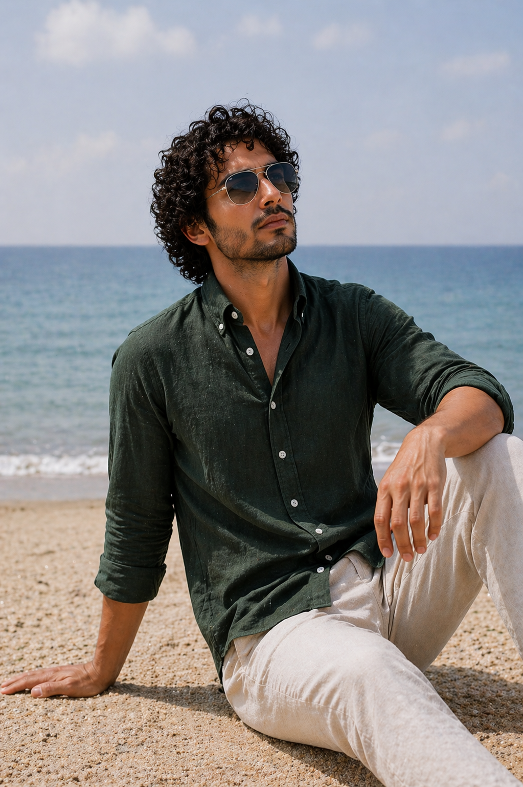 Cool Bee Linen Casual Shirt Bottle Green for Men - Linen Casual Shirt Breathable India - Lifestyle View