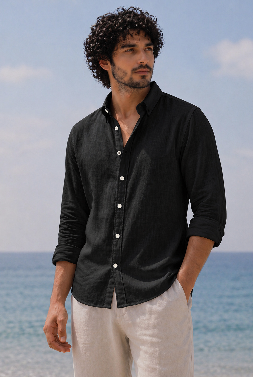Cool Bee Linen Casual Shirt Black for Men - Black Linen Casual Shirt Breathable India - Back View