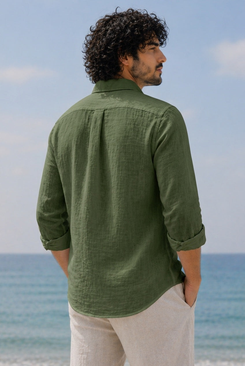 Cool Bee Linen Casual Shirt Dark Green for Men - Dark Green Linen Casual Shirt Breathable India - Detail View