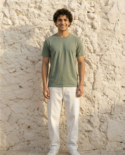 Cool Bee Essential Cotton Crew Neck T-Shirt Light Green for Men - Light Green Regular Fit Tee India - Detail View