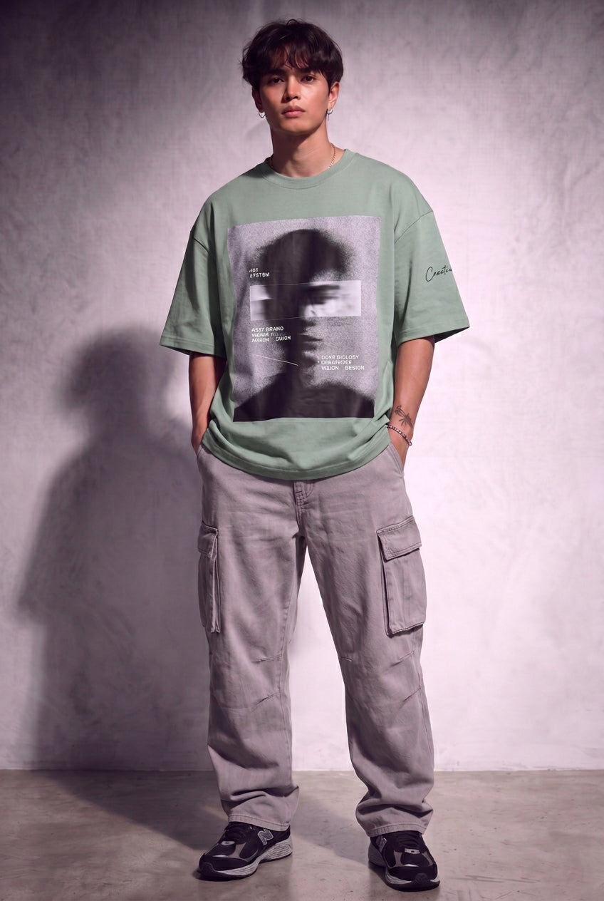 Cool Bee Blurred Vision Tee Off Green for Men - Off Green Oversized Graphic Tee Streetwear India - Lifestyle View