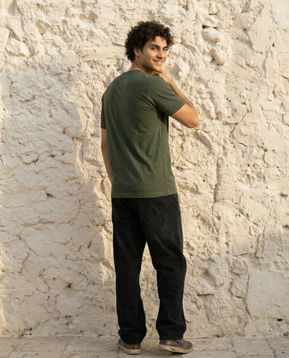 Cool Bee Essential Cotton Crew Neck T-Shirt Green for Men - Green Regular Fit Tee India - Back View