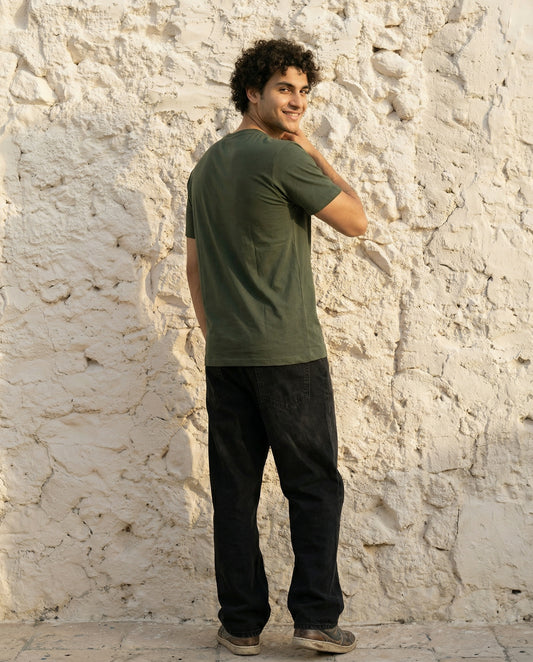 Cool Bee Essential Cotton Crew Neck T-Shirt Green for Men - Green Regular Fit Tee India - Back View