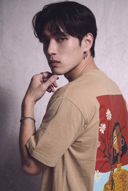 Cool Bee Cubist Bloom Oversize Tee Beige for Men - Beige Oversized Graphic Tee Streetwear India - Lifestyle View