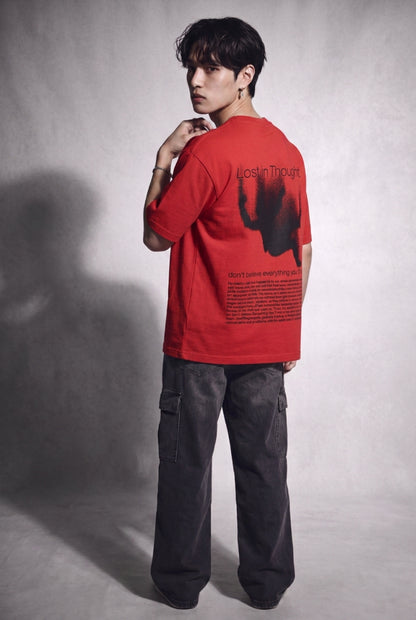 Cool Bee Lost in Thought Tee Red for Men - Red Oversized Graphic Tee Streetwear India - Lifestyle View