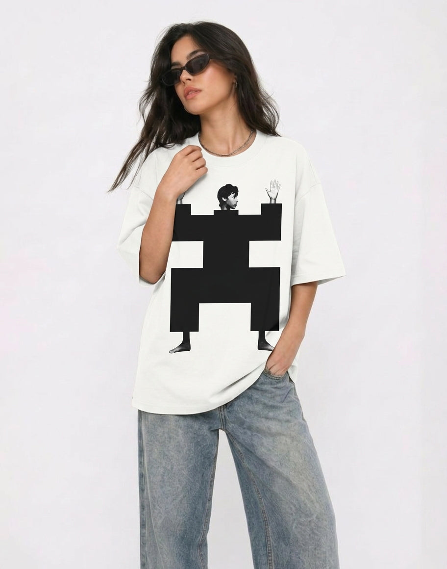 Cool Bee Structural Persona Tee White for Women - Oversized Graphic Tee Streetwear India - Detail View