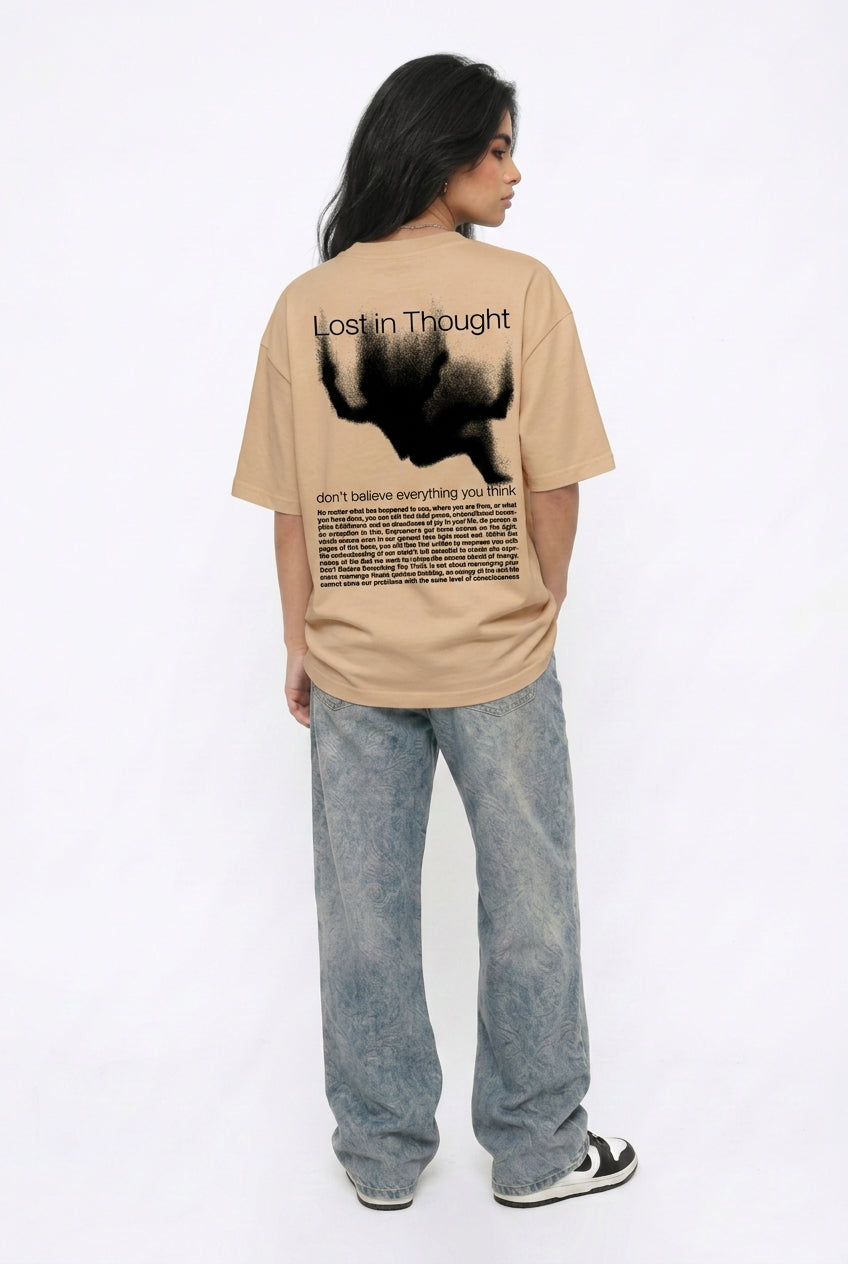 Cool Bee Lost in Thoughts Tee Beige for Women - Oversized Graphic Tee Streetwear India - Lifestyle View