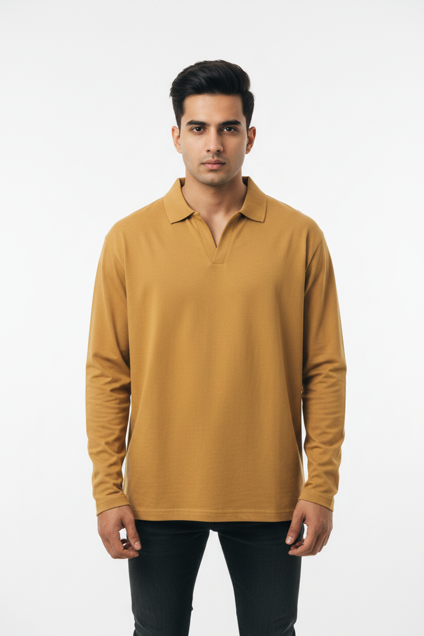 Front facing - mustard polo tee