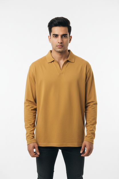 Front facing - mustard polo tee