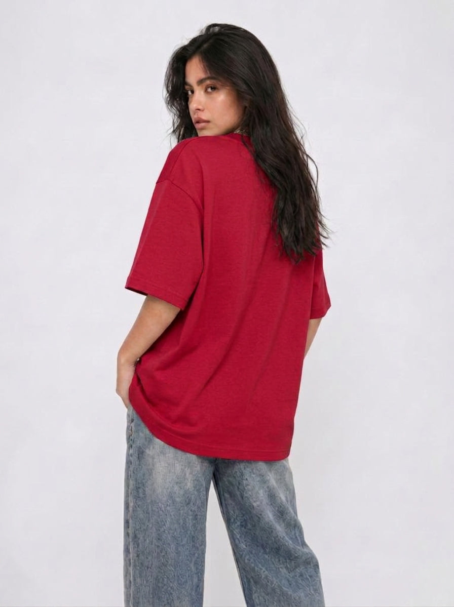 Cool Bee Canvas Chords Tee Red for Women - Oversized Graphic Tee Streetwear India - Back View