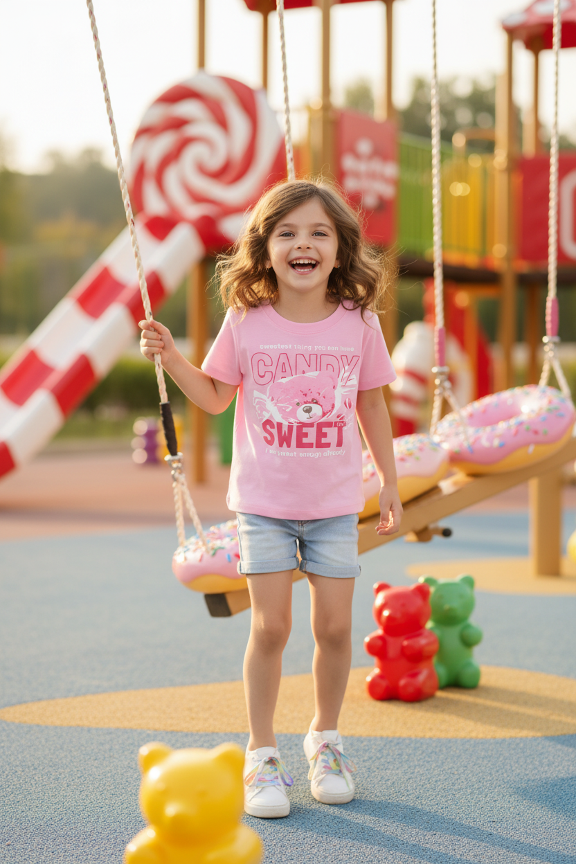 Coolbee Store – Girl at candy playground wearing pink candy sweet tee