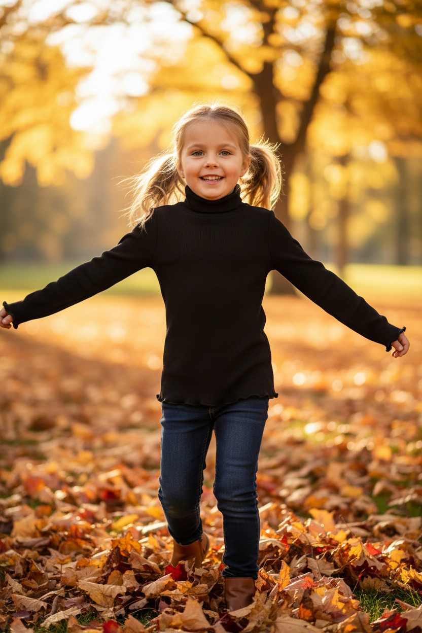 Coolbee Store – Girl in autumn park wearing black ribbed turtleneck top