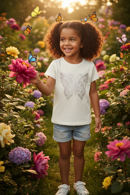 Coolbee Store – Girl in butterfly garden wearing off-white rhinestone tee