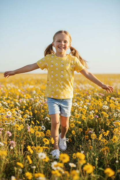Coolbee Store – Girl in flower field wearing yellow daisy tee