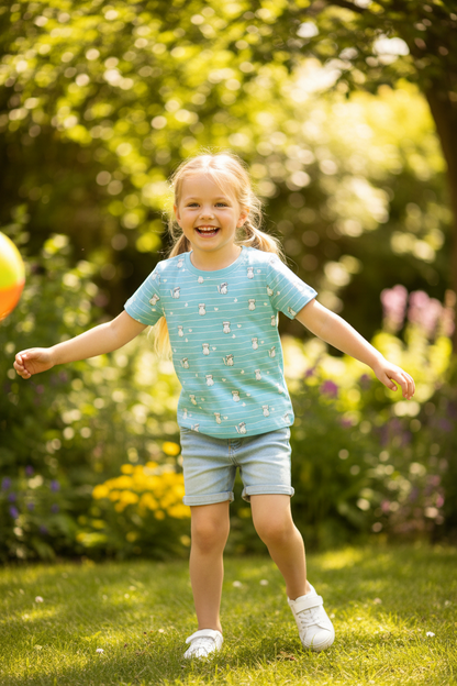 Coolbee Store – Girl in garden wearing light blue cat print tee