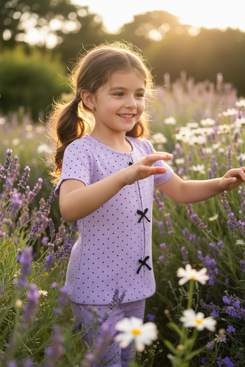 Coolbee Store – Girl in garden wearing lilac polka dot bow top