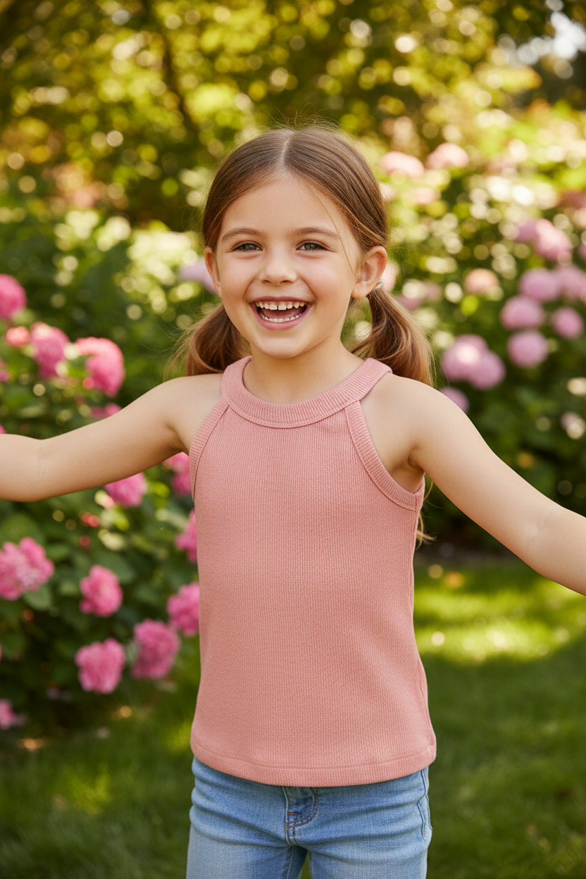 Coolbee Store – Girl in garden wearing pink ribbed sleeveless top