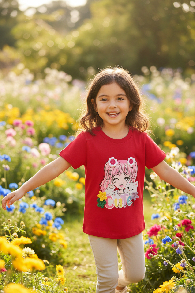 Coolbee Store – Girl in garden wearing red cute everyday anime tee