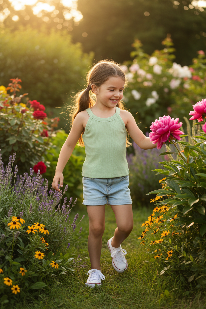 Coolbee Store – Girl in garden wearing sea green ribbed sleeveless top