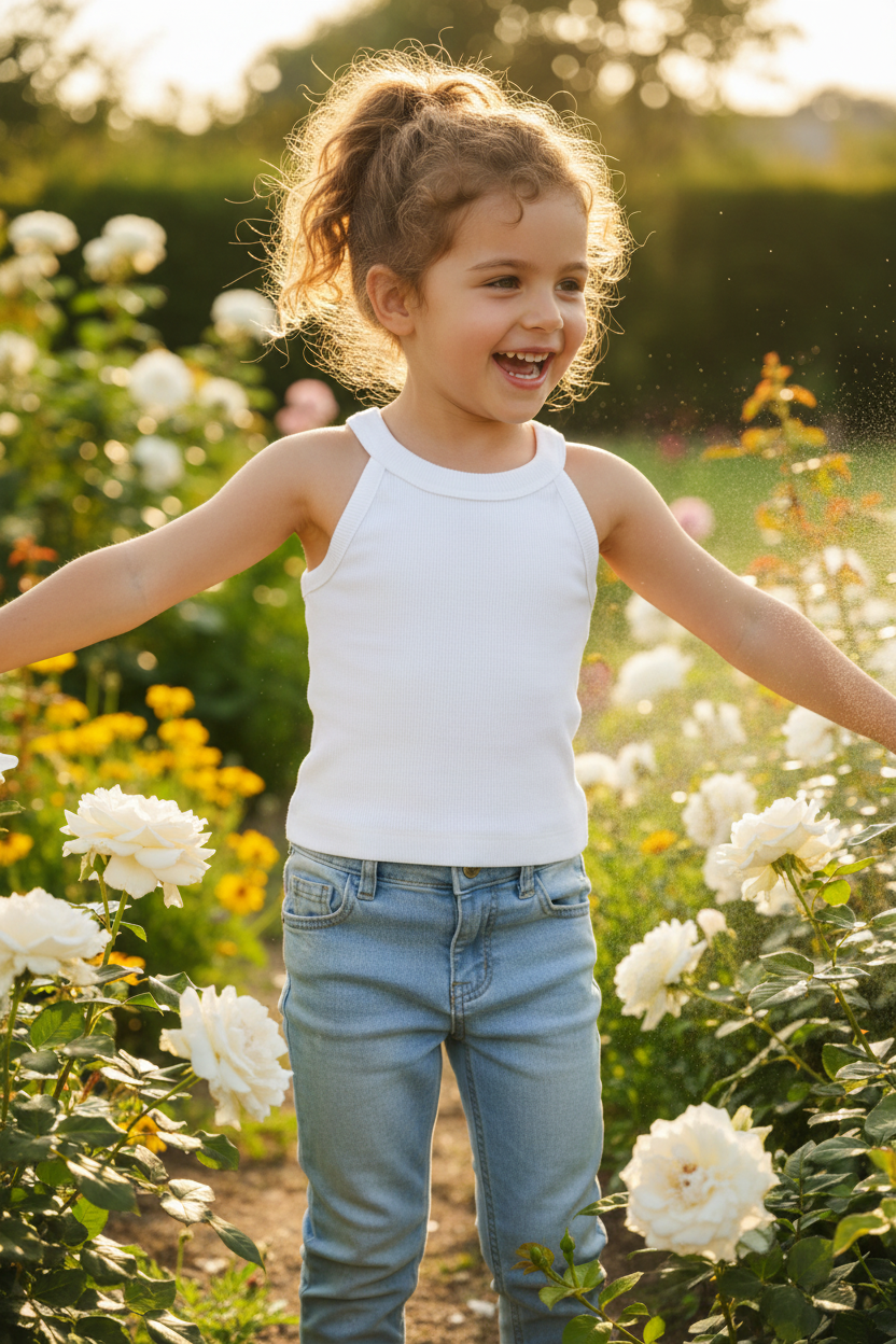 Coolbee Store – Girl in garden wearing white ribbed halter neck top