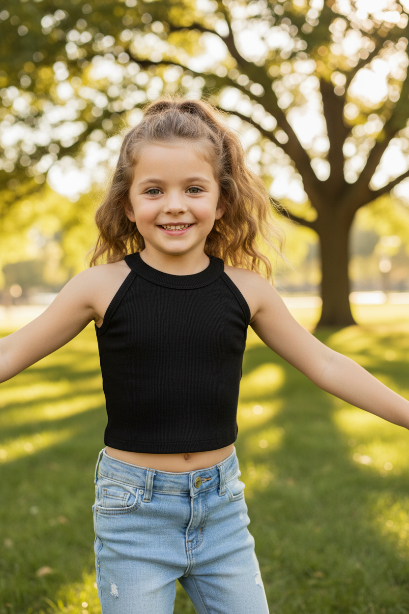 Coolbee Store – Girl in park wearing black ribbed sleeveless top