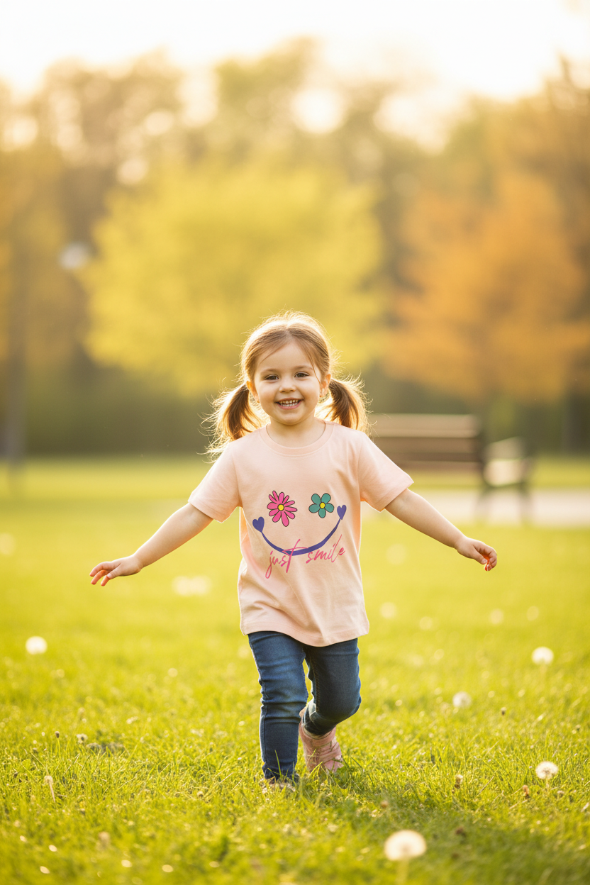 Coolbee Store – Girl in park wearing peach just smile tee