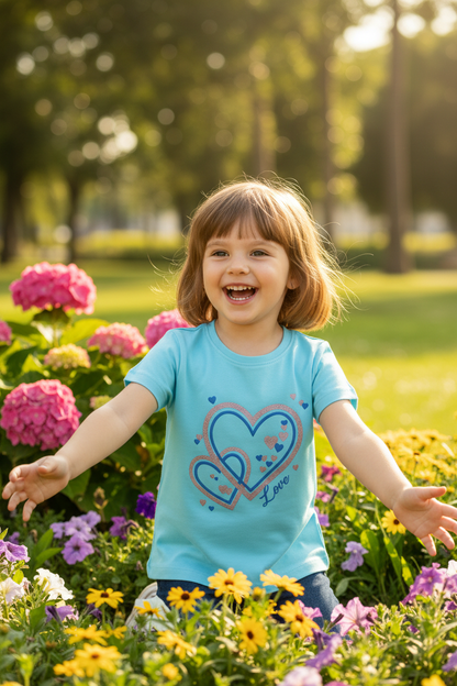 Coolbee Store – Girl in park wearing sky blue love hearts tee