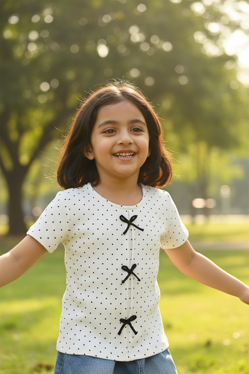 Coolbee Store – Girl in park wearing white polka dot bow top
