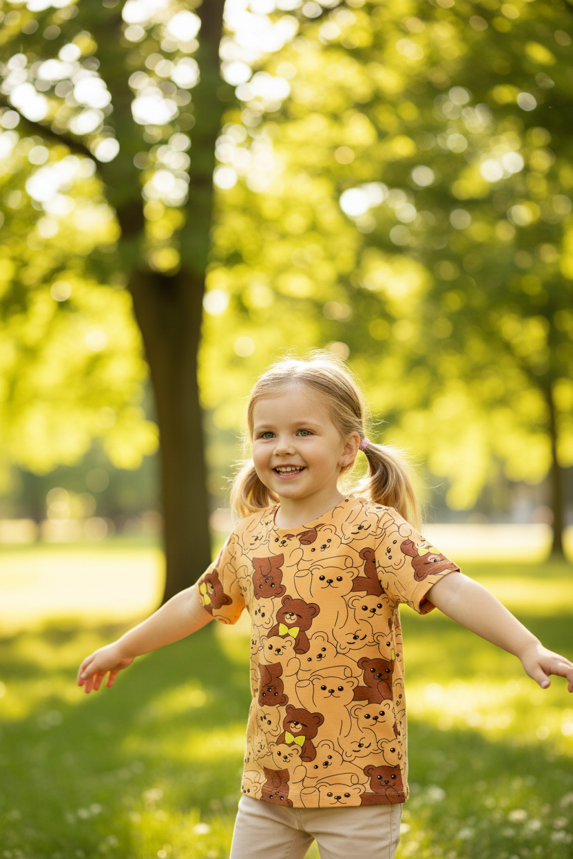 Coolbee Store – Girl in park wearing yellow teddy bear tee